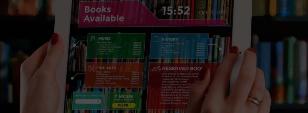 Female hands holding a tablet with a books reservation app on the background.